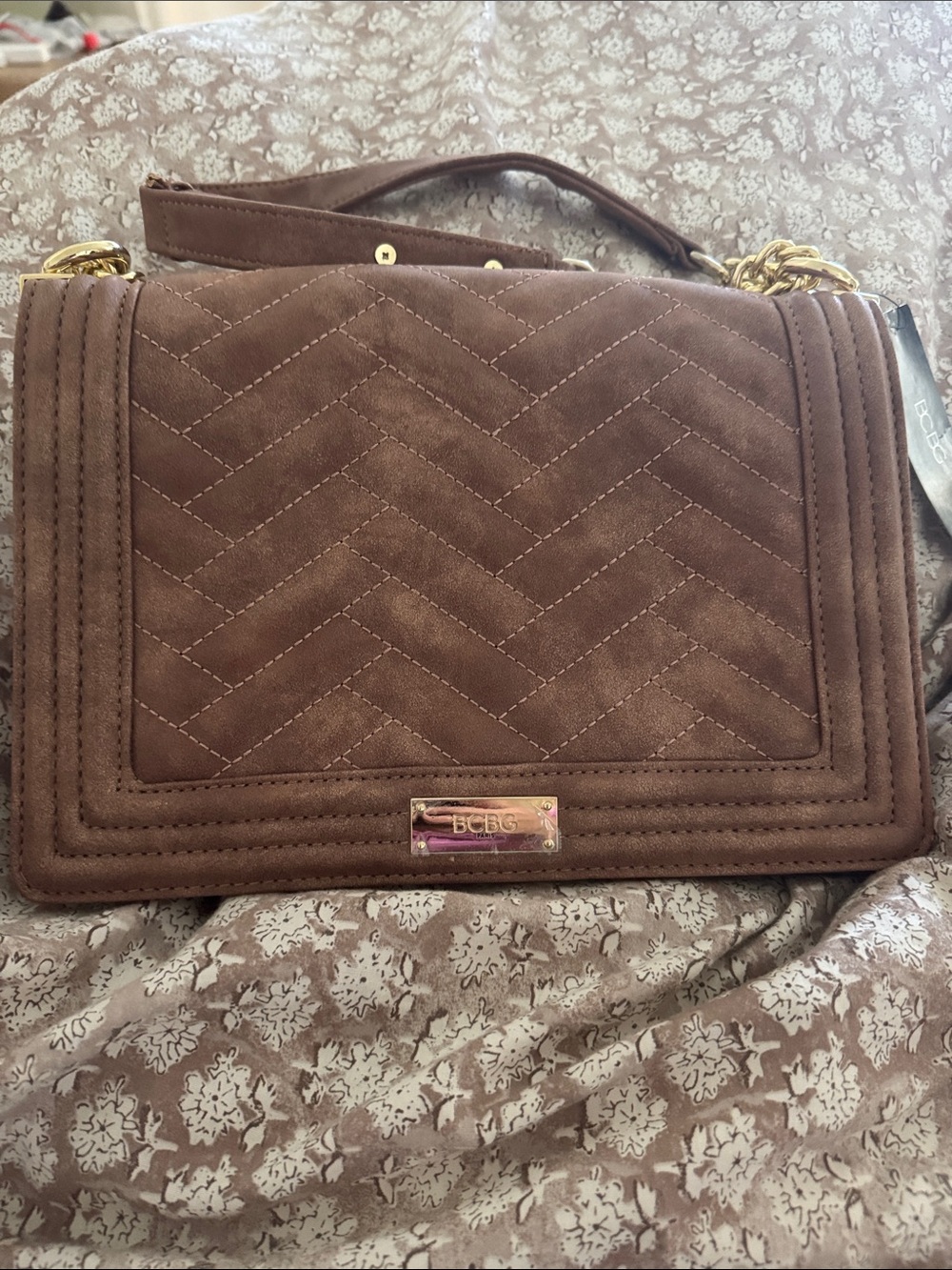 BCBG Quilted Suede Crossbody in Light Brown with Gold Hardware